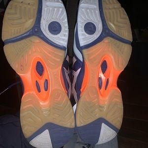 Indoor sport court sneaker blue w/ orang and wht. & silver size 10 1/2 mens.